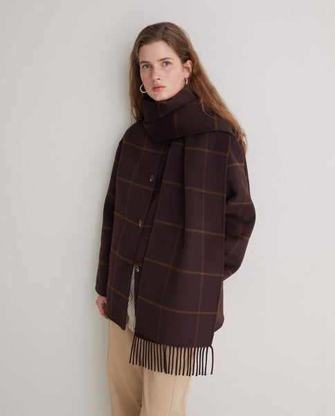 Yerse Handmade Wool Blend Coat With Scarf, Brown Check