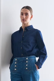 Pieszak Harper Chambrey Shirt, Rinsed Denim - Flax In Bloom