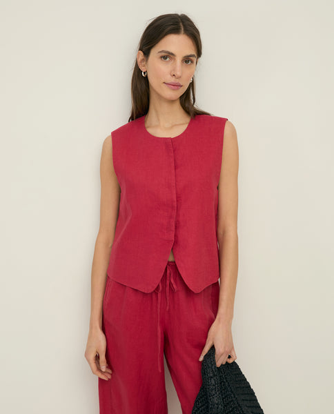 Yerse Linen Waistcoat, Raspberry - Flax In Bloom