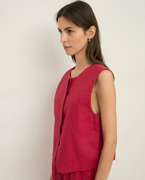 Yerse Linen Waistcoat, Raspberry - Flax In Bloom