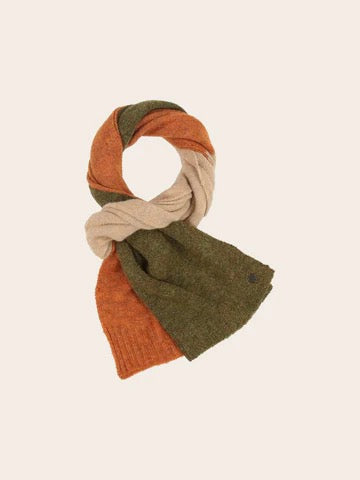 Fraas Knitted  Scarf, Block Stripes- Safari Green Oatmeal and Orange