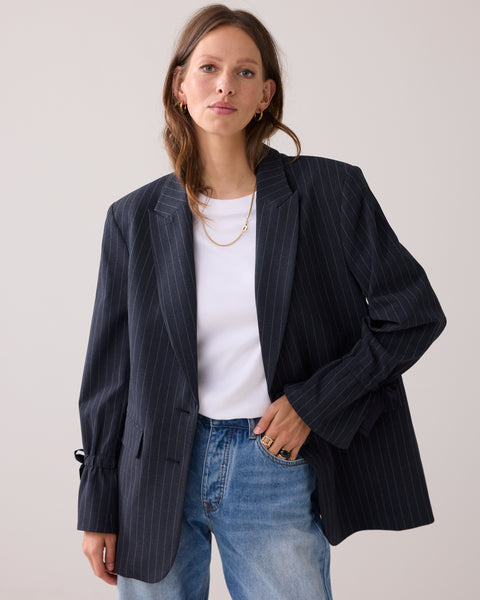 SUMMUM Boyfriend Pinstripe Blazer, Midnight Blue