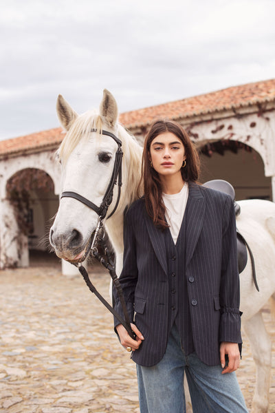 SUMMUM Boyfriend Pinstripe Blazer, Midnight Blue