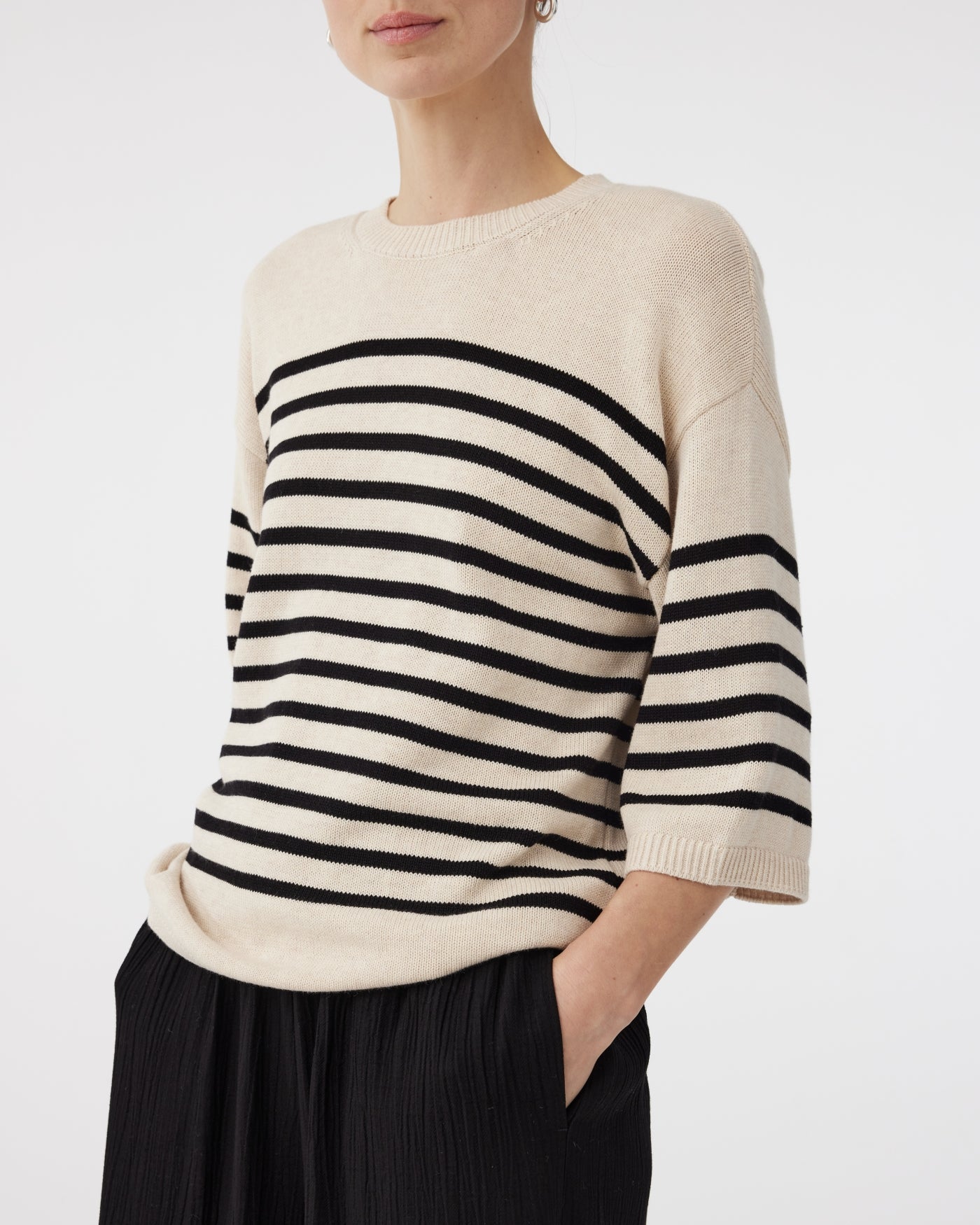 Knit-Ted Nanda Pullover, Cream with Black Stripe