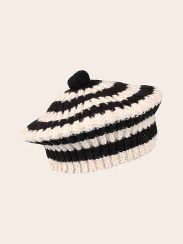 Fraas Stripe Beret, Black and Cream