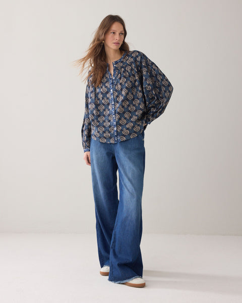 SUMMUM Block Print Blouse, Midnight Blue - Flax In Bloom