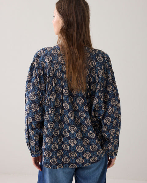 SUMMUM Block Print Blouse, Midnight Blue - Flax In Bloom