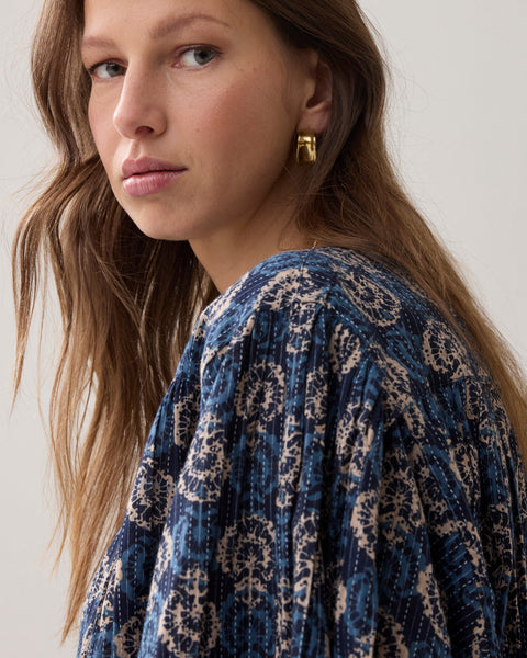 SUMMUM Block Print Blouse, Midnight Blue - Flax In Bloom
