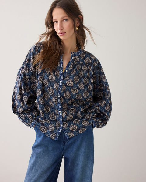 SUMMUM Block Print Blouse, Midnight Blue - Flax In Bloom