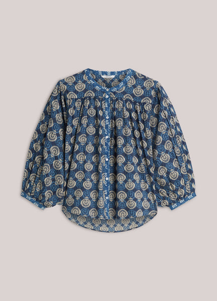 SUMMUM Block Print Blouse, Midnight Blue - Flax In Bloom