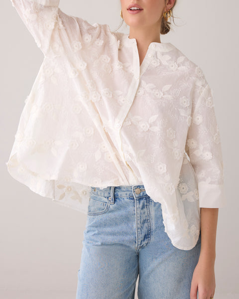 SUMMUM 3D Flower Cotton Blouse, Off White