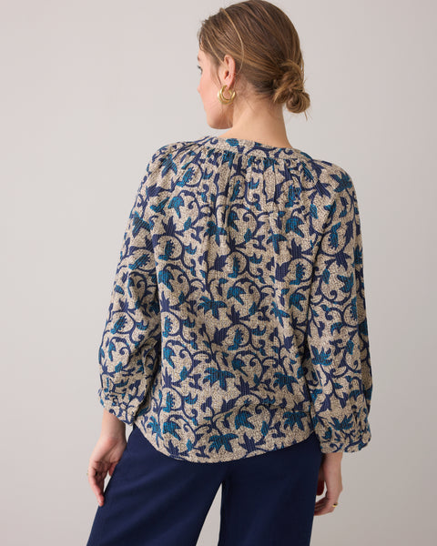 SUMMUM Block Print Blouse, Navy Noir