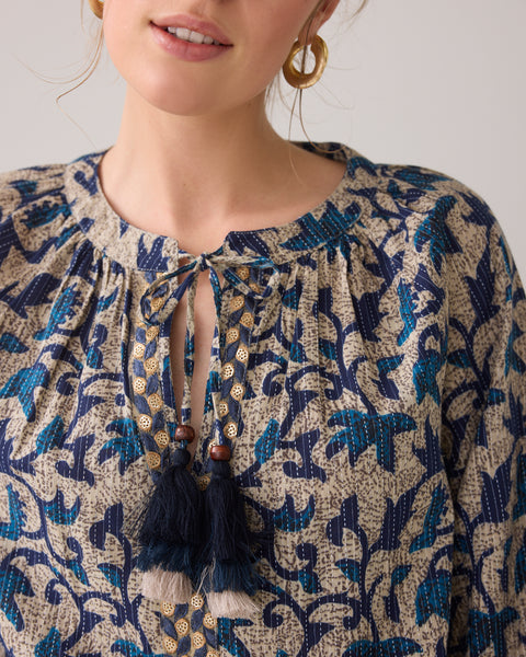 SUMMUM Block Print Blouse, Navy Noir