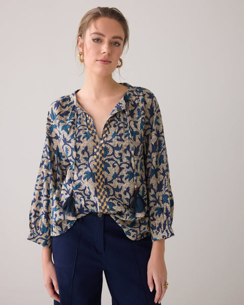 SUMMUM Block Print Blouse, Navy Noir