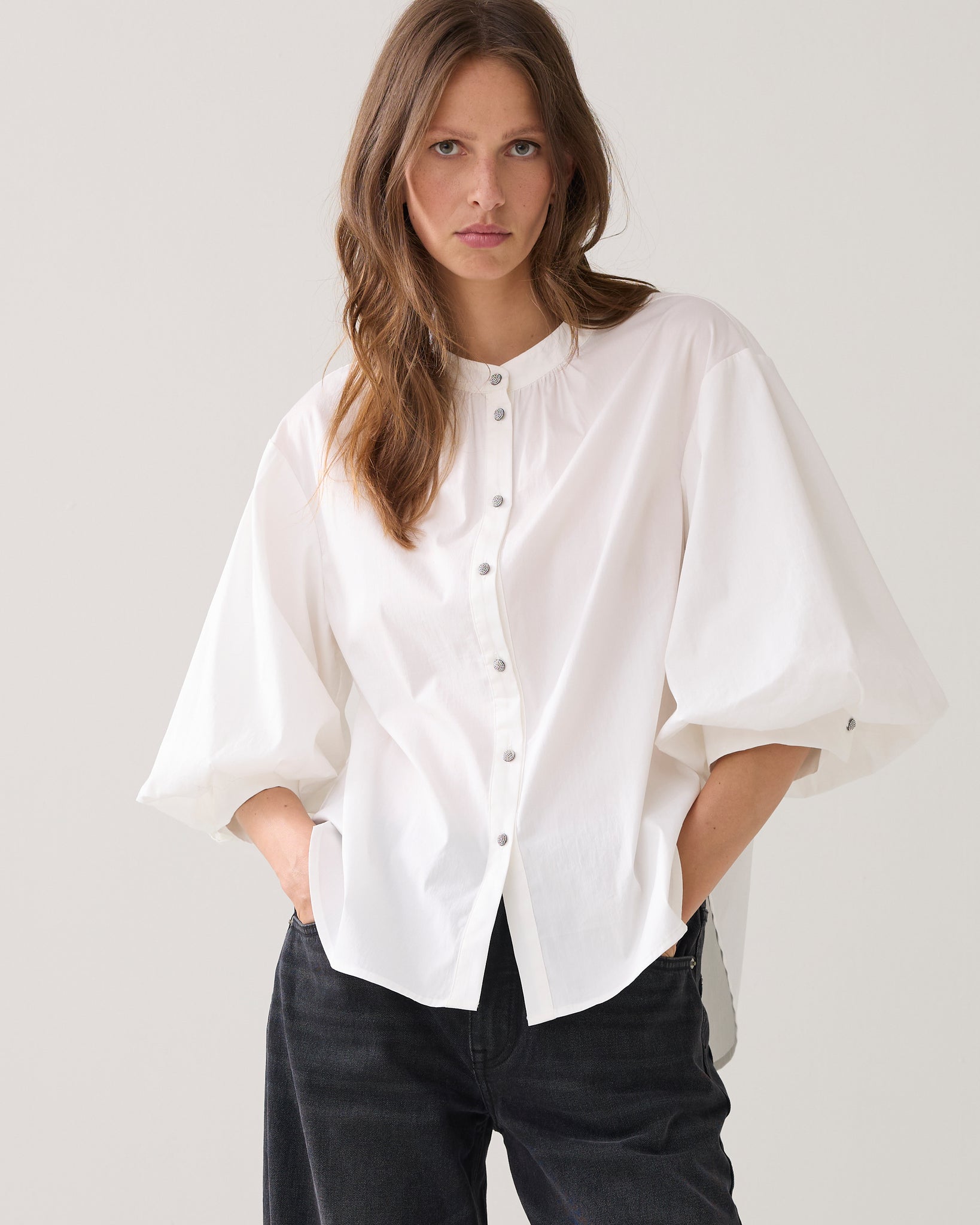 SUMMUM Cotton Stretch Blouse, Off White