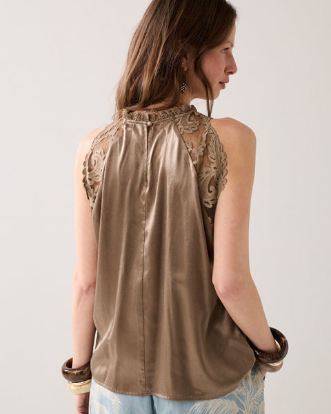 SUMMUM Lace Trim Halter Top, Dark Clay