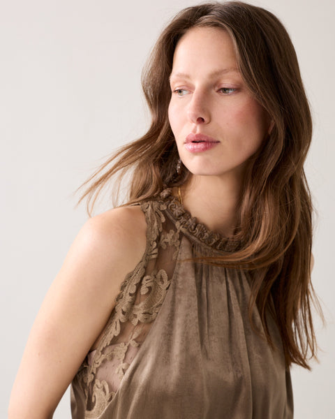 SUMMUM Lace Trim Halter Top, Dark Clay