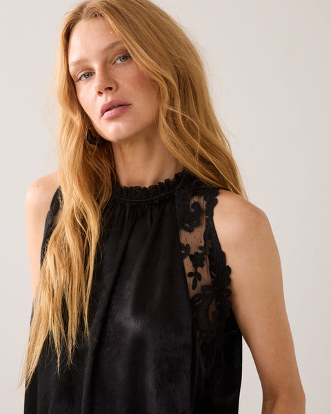 SUMMUM Lace Trim Halter Top, Black