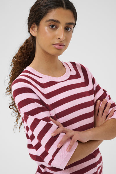 In Wear Madie Short Sleeve Cotton Knit, Pink/Zinfandel Stripe