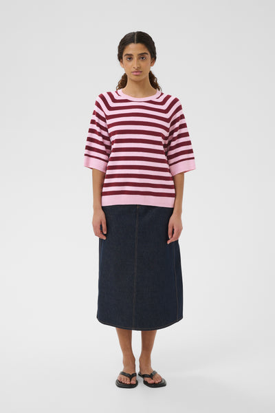 In Wear Madie Short Sleeve Cotton Knit, Pink/Zinfandel Stripe