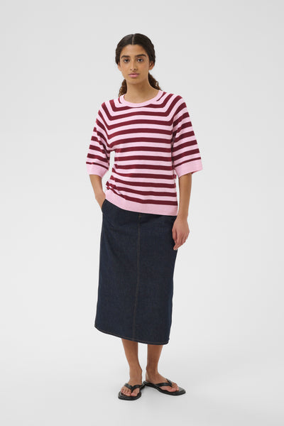 In Wear Madie Short Sleeve Cotton Knit, Pink/Zinfandel Stripe