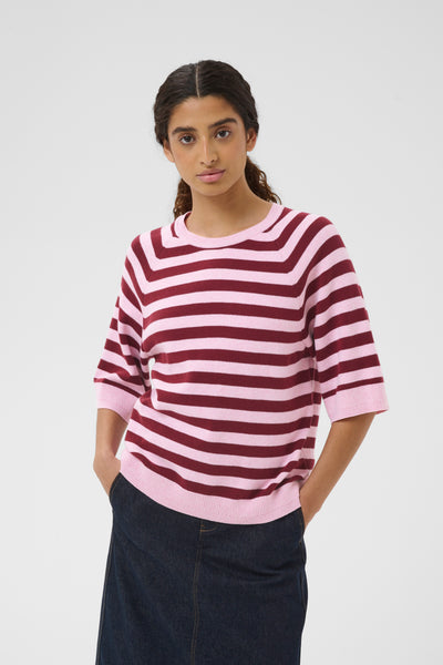 In Wear Madie Short Sleeve Cotton Knit, Pink/Zinfandel Stripe