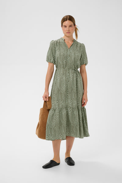 In Wear Liberty Dress, Green Faded Dot - Flax In Bloom