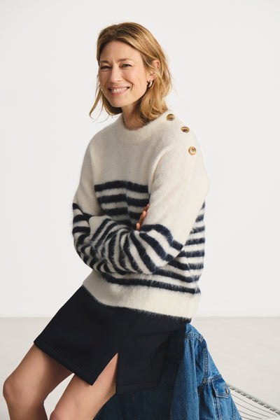 Part two Pialil Pullover, Dark Navy Stripe on Soft White