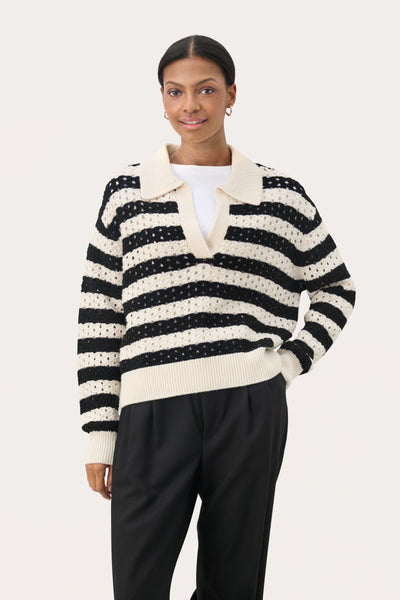 Part Two Naiya Knitwear, Black & Whitecap Stripe (Cream)