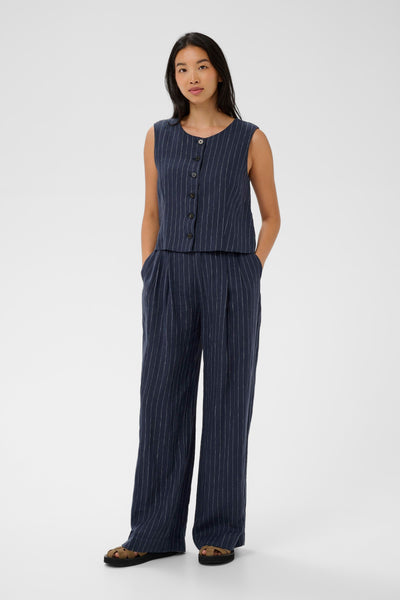 Part Two Aliya Linen Trousers, Blue Nights Pinstripe