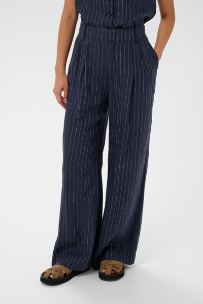 Part Two Aliya Linen Trousers, Blue Nights Pinstripe