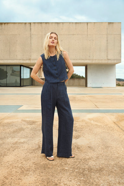 Part Two Aliya Linen Trousers, Blue Nights Pinstripe