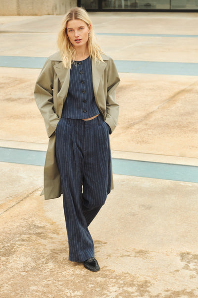 Part Two Aliya Linen Trousers, Blue Nights Pinstripe