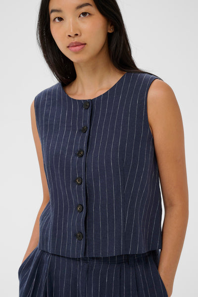 Part Two Azania Linen Waistcoat, Blue Nights Pinstripe