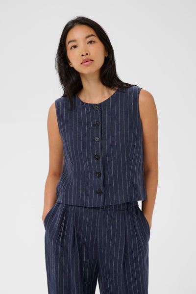 Part Two Azania Linen Waistcoat, Blue Nights Pinstripe