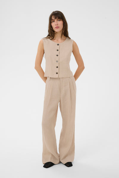 Part Two Azania Linen Waistcoat, Neutral Pinstripe