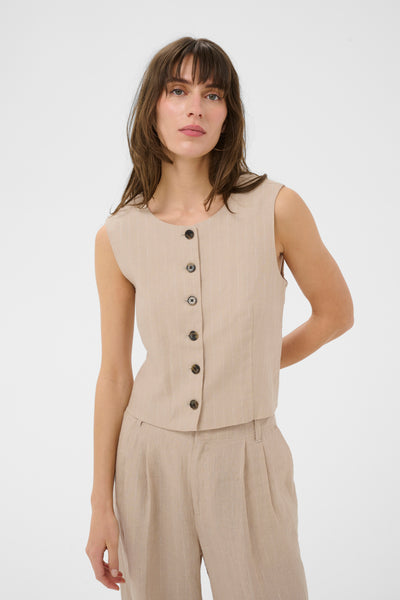 Part Two Azania Linen Waistcoat, Neutral Pinstripe