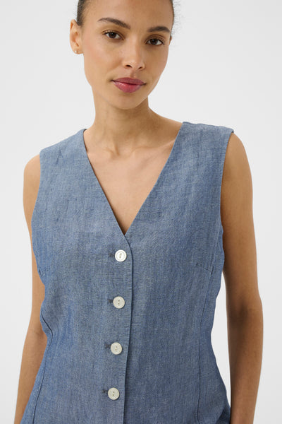 Part Two Binta Linen Blend Waistcoat, Blue Chambray