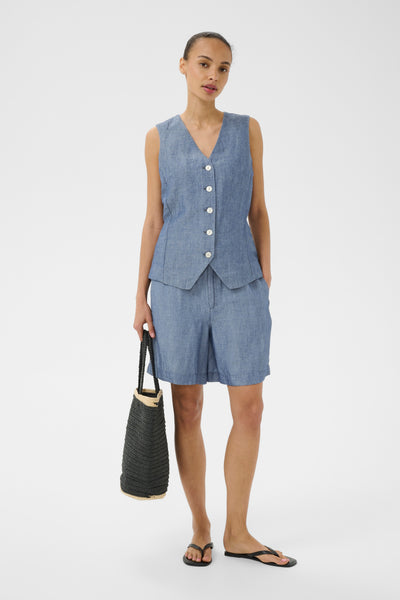 Part Two Binta Linen Blend Waistcoat, Blue Chambray