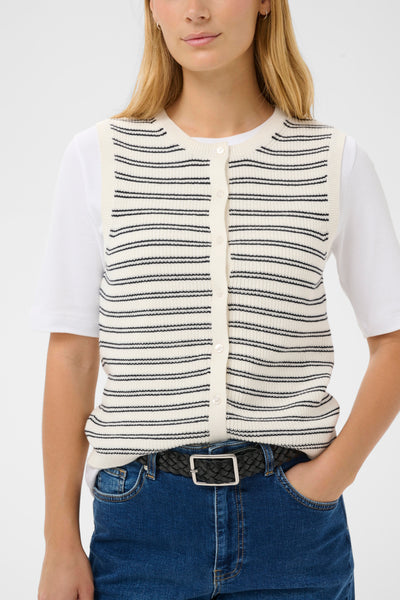Part Two Gemma Sleeveless Cardigan, Dark Navy Stripe - Flax In Bloom