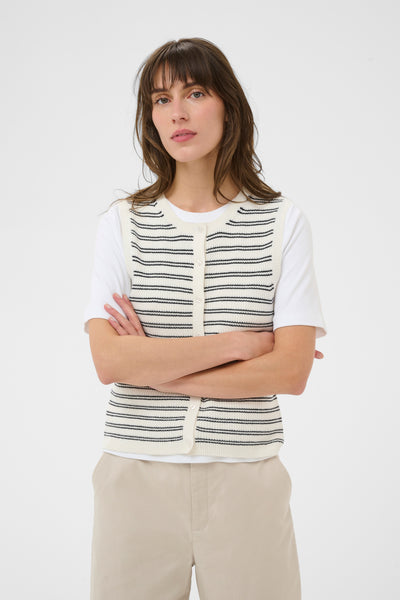 Part Two Gemma Sleeveless Cardigan, Dark Navy Stripe - Flax In Bloom