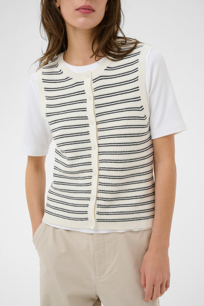 Part Two Gemma Sleeveless Cardigan, Dark Navy Stripe - Flax In Bloom