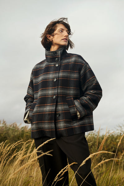 PART TWO Celly Wool Short Coat, Dark Navy Check