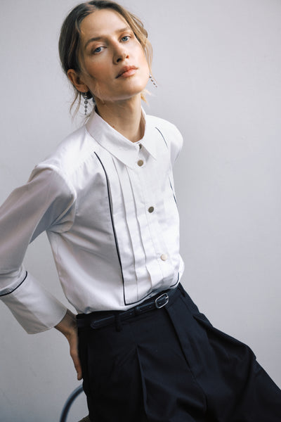 PART TWO Devrim Cotton Shirt, White with Black Piping