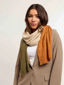 Fraas Knitted  Scarf, Block Stripes- Safari Green Oatmeal and Orange