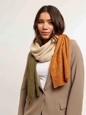 Fraas Knitted  Scarf, Block Stripes- Safari Green Oatmeal and Orange