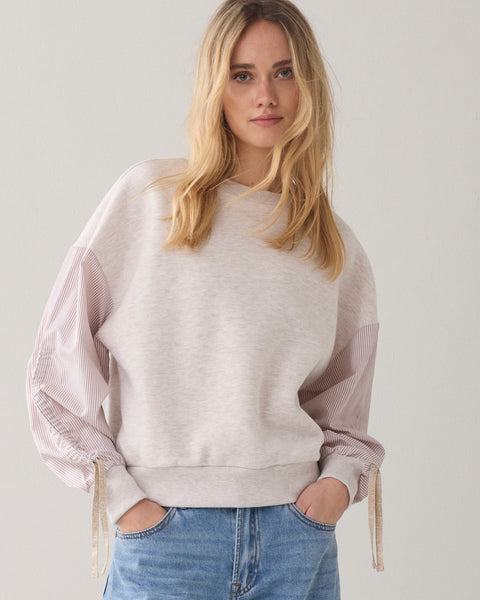 SUMMUM Sweatshirt with Cotton Sleeves, Ivory Melange - Flax In Bloom