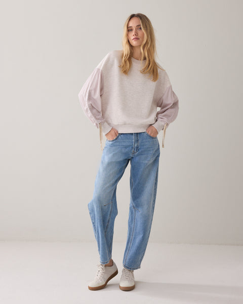 SUMMUM Sweatshirt with Cotton Sleeves, Ivory Melange - Flax In Bloom