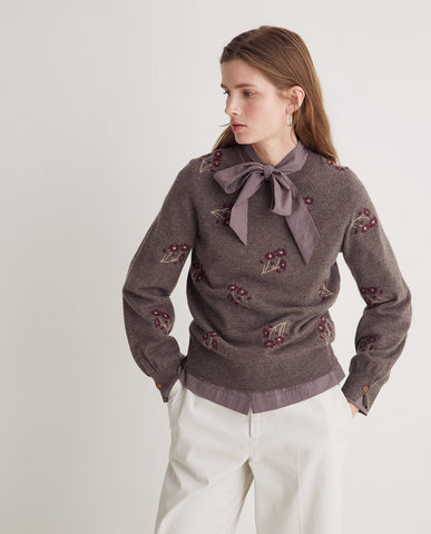 Yerse Flower Embroidery Knit, Brown