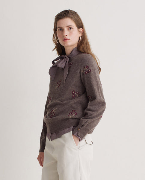 Yerse Flower Embroidery Knit, Brown